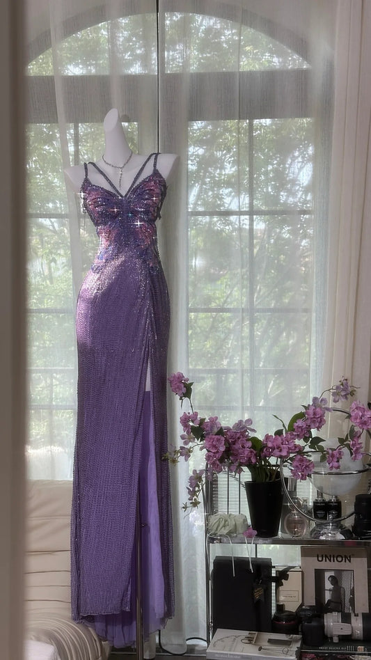 （Out of stock）Purple Shiny Gorgeous Luxury Sequin Heavy Spaghetti Strap Long Butterfly Decoration Sequin Chiffon Ball Gown Evening Gown Party Dress gh4175