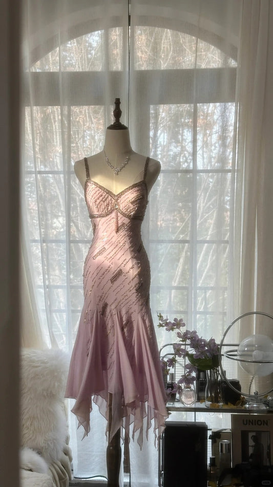 Robe de soirée élégante rose pâle, élégante, décolleté en cœur, bretelles spaghetti, longue en mousseline de soie à volants, robe de bal, robe de soirée, robe de fête d'anniversaire/de vacances, robe de bal gh4067