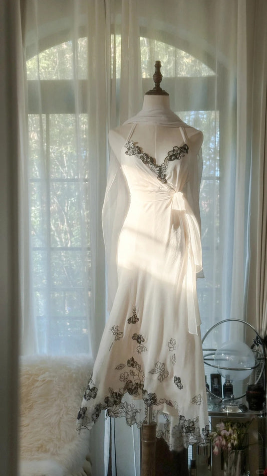 Robe de soirée longue en mousseline de soie, élégante, romantique, noire, en dentelle et perles, pour la Saint-Valentin, gh4048