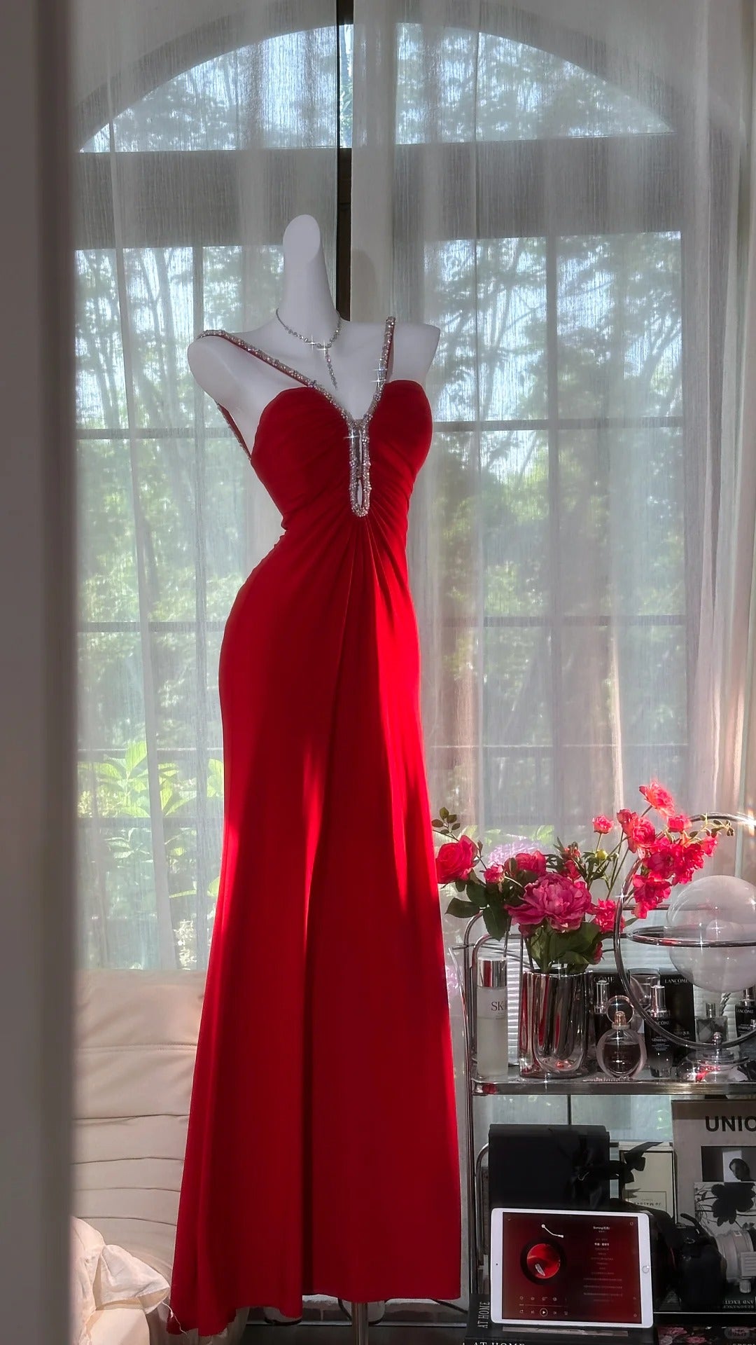 Red rhinestone long satin ball gown evening dress party dress date dress prom dress gh4679