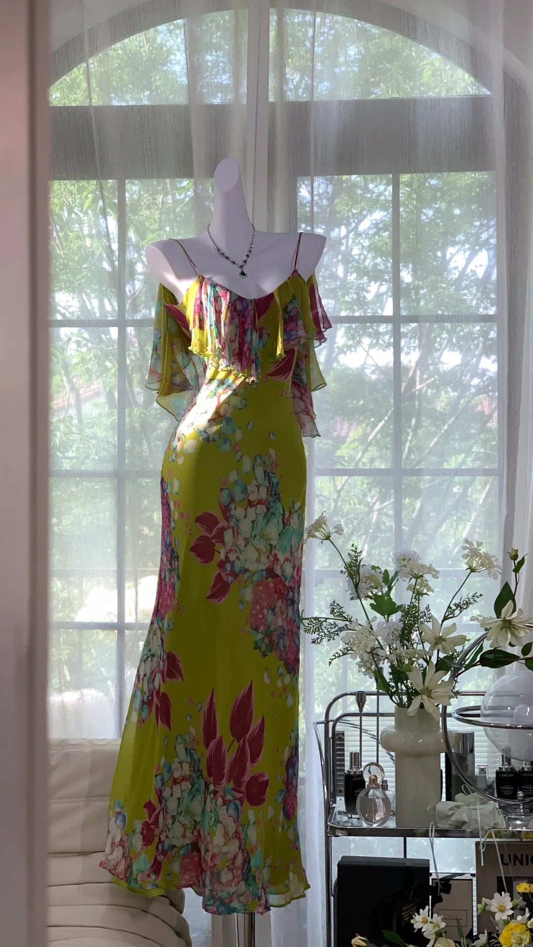 Robe de soirée longue en mousseline de soie, élégante et romantique, dos nu, verte, pour anniversaire ou fête, gh4044