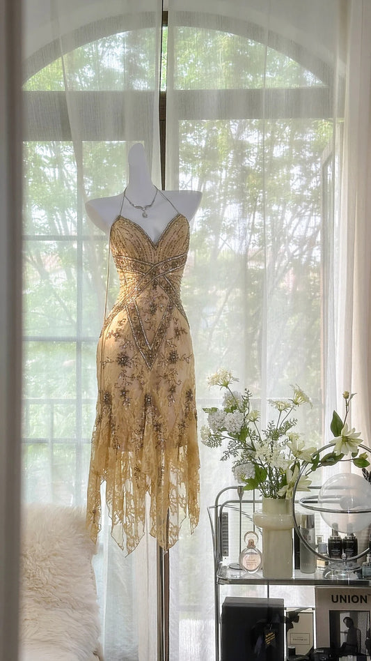 Light yellow brown gorgeous and elegant vintage exquisite beaded long chiffon lace ball dress evening dress birthday party dress prom dress gh3950
