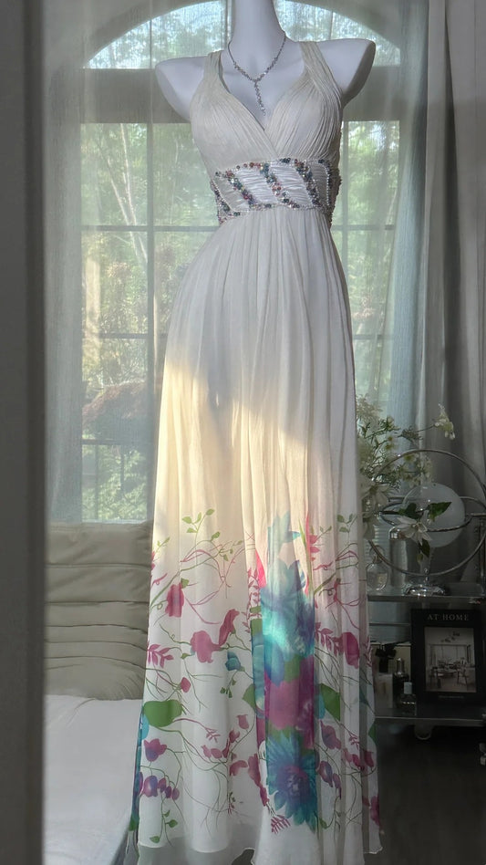 girlhomeshops-Elegant Sweet And Romantic Light Luxury Rhinestone - Decorated Floral Deep V - Neck Open - Back Long Gown gh5842