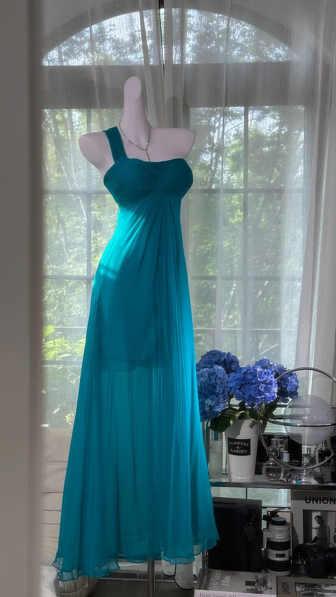 girlhomeshops--Blue one shoulder fashionable and elegant chiffon long prom dress gh5591