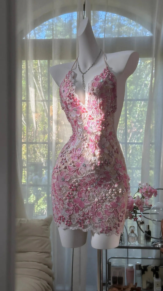 girlhomeshops-New Pink Floral Exquisite Beaded Short Lace Homecoming Dress Birthday Party Dress gh5803