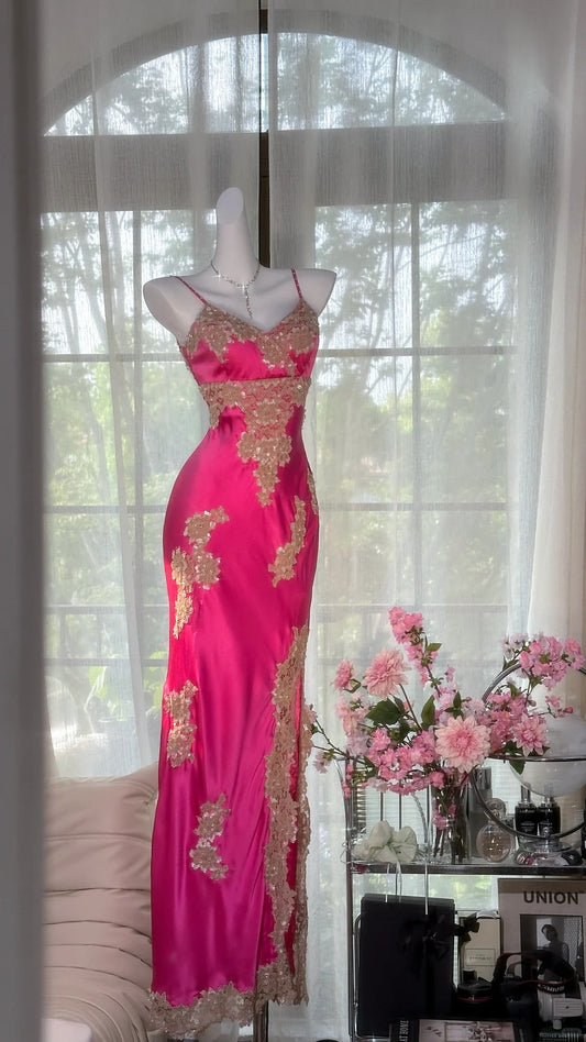 Pink floral ball gown long satin date dress evening dress birthday dress wedding dress gh4533