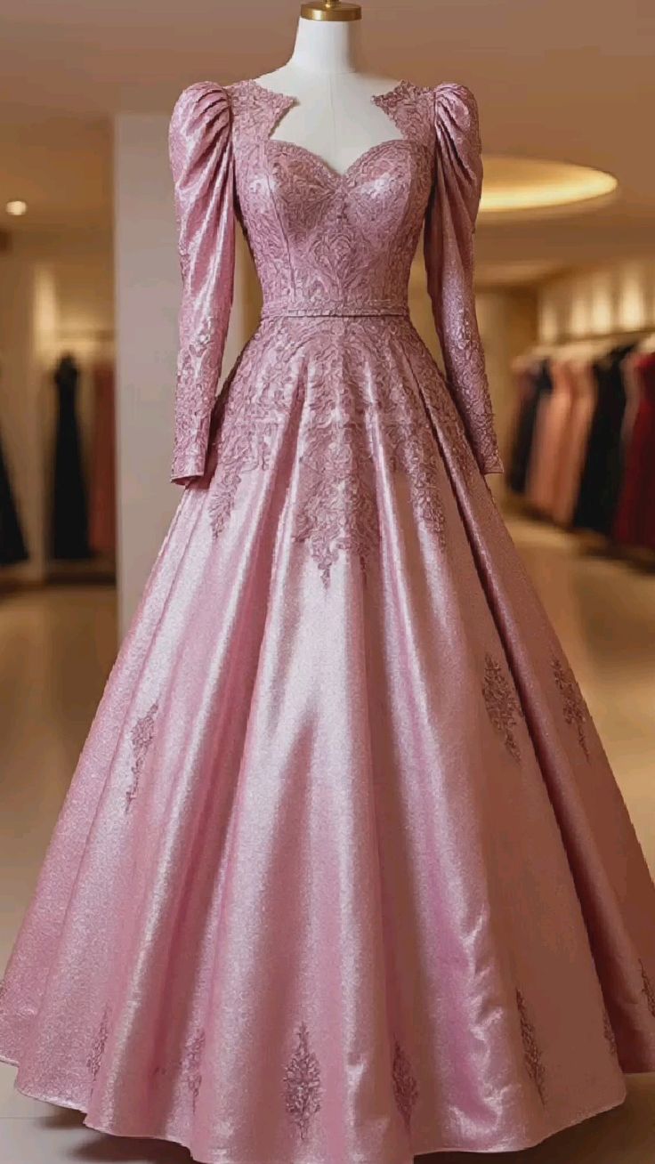 girlhomeshops-Pink long-sleeved, delicately beaded, floor-length satin ball gown gh6157