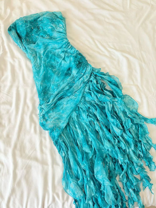 Robe de soirée longue à volants et épaules dénudées, motif floral bleu, robe de bal, robe de soirée, robe d'anniversaire, gh4772