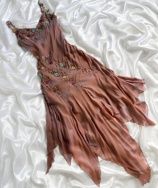 girlhomeshops-Vintage Brown-Tone Hand-Embroidered Multi-Color Floral Asymmetric Ruffled Strap Evening Gown gh6011