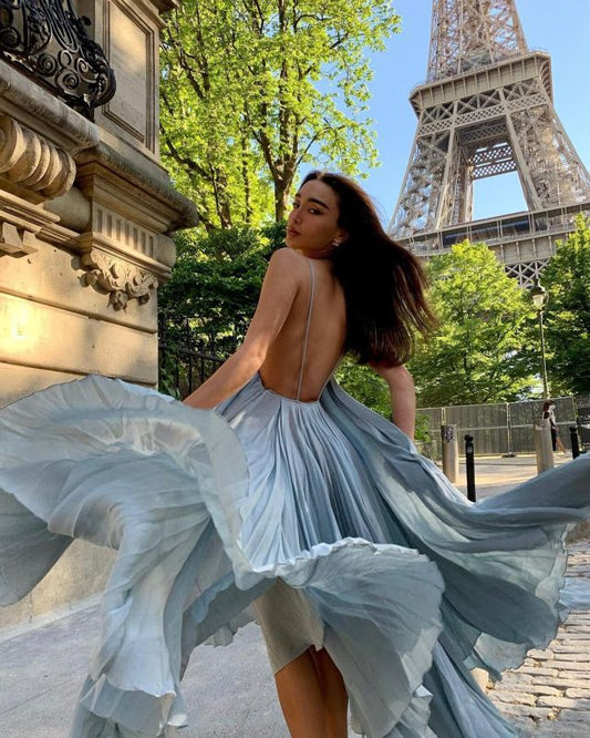 Girlhomeshops-Blue Fashion Simple Sexy Long Chiffon Prom Dress Evening Dress Wedding Guest Party Dress Seaside Holiday Dress gh5250