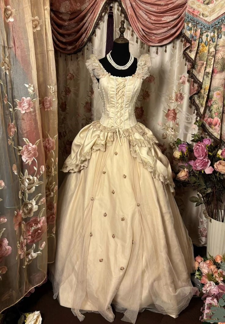 Champagner Vintage Elegante Exquisite Perlen Spitze Lange Satin Tüll Ballkleid Abendkleid gh3353