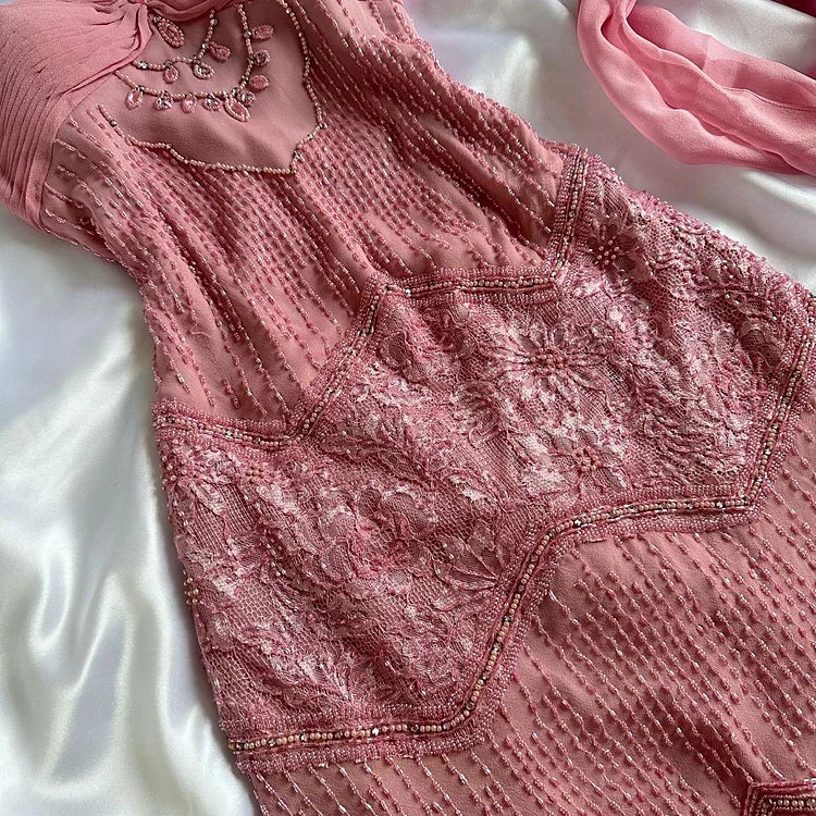 Robe de soirée longue en mousseline de soie, élégante et florale rose, avec perles exquises, gh4234