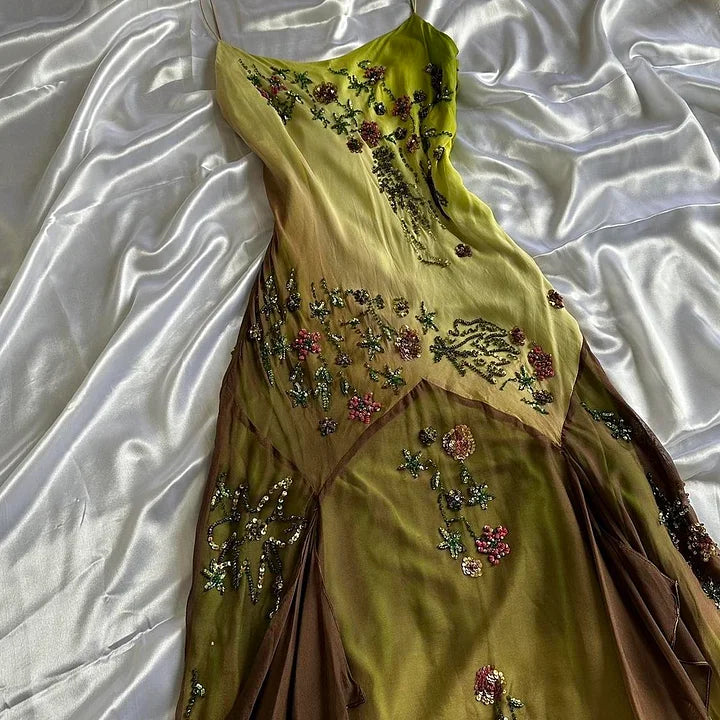 Robe de soirée longue en mousseline de soie à perles exquise dégradé de mode verte gh3512