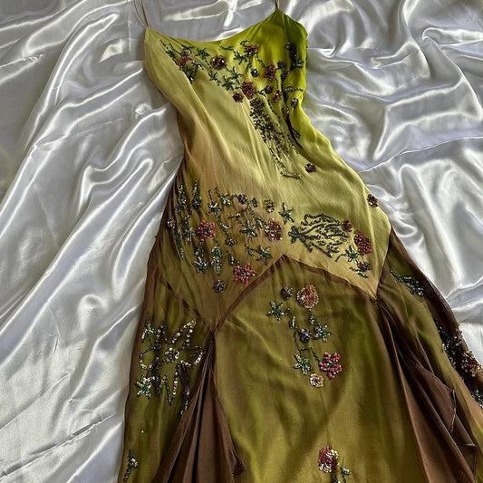 Robe de soirée longue en mousseline de soie à perles exquise dégradé de mode verte gh3512