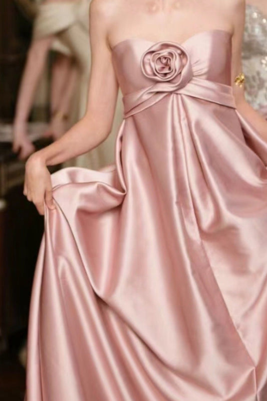 girlhomeshops-Rosa Elegantes, schlichtes, florales langes Satin-Ballkleid, Brautjungfernkleid gh5951