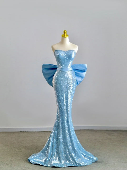 Robe de soirée sirène élégante à paillettes bleu magnifique et brillante gh3387