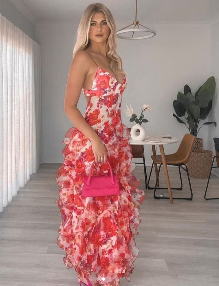 Hot Red Floral Print A-Line Backless Ruffle Long Chiffon Elegant Sexy Ball Gown Evening Dress Party Dress gh3185
