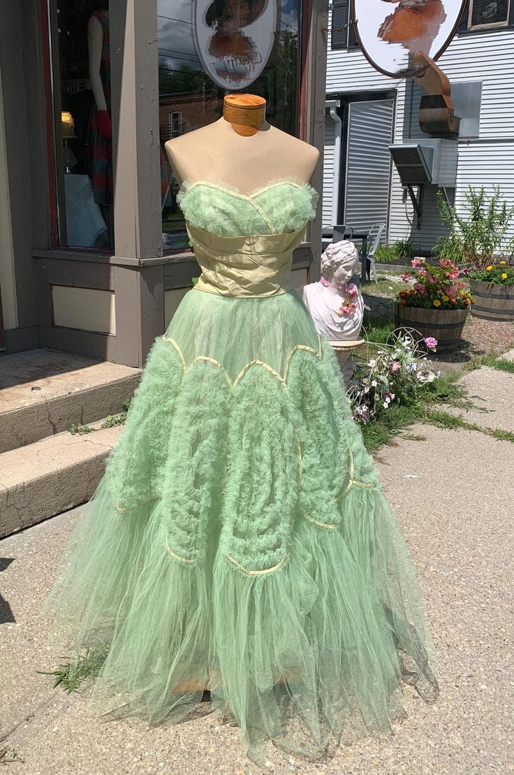 Robe de soirée longue en tulle et dentelle, style rétro, élégante et verte, idéale pour un bal de fin d'année, gh3670
