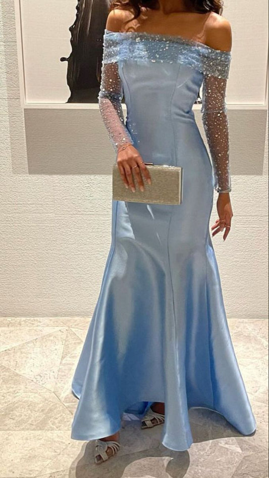 Off-Shoulder Long-Sleeve Light Blue Satin Mermaid Gown gh6483