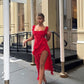Red square neck spaghetti straps long chiffon ruffles elegant sexy slit ball gown evening dress wedding guest party dress gh3323