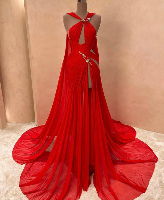 Girlhomeshops-Red Fashion Sexy Elegant Long Chiffon Prom Dress Evening Dress gh5040