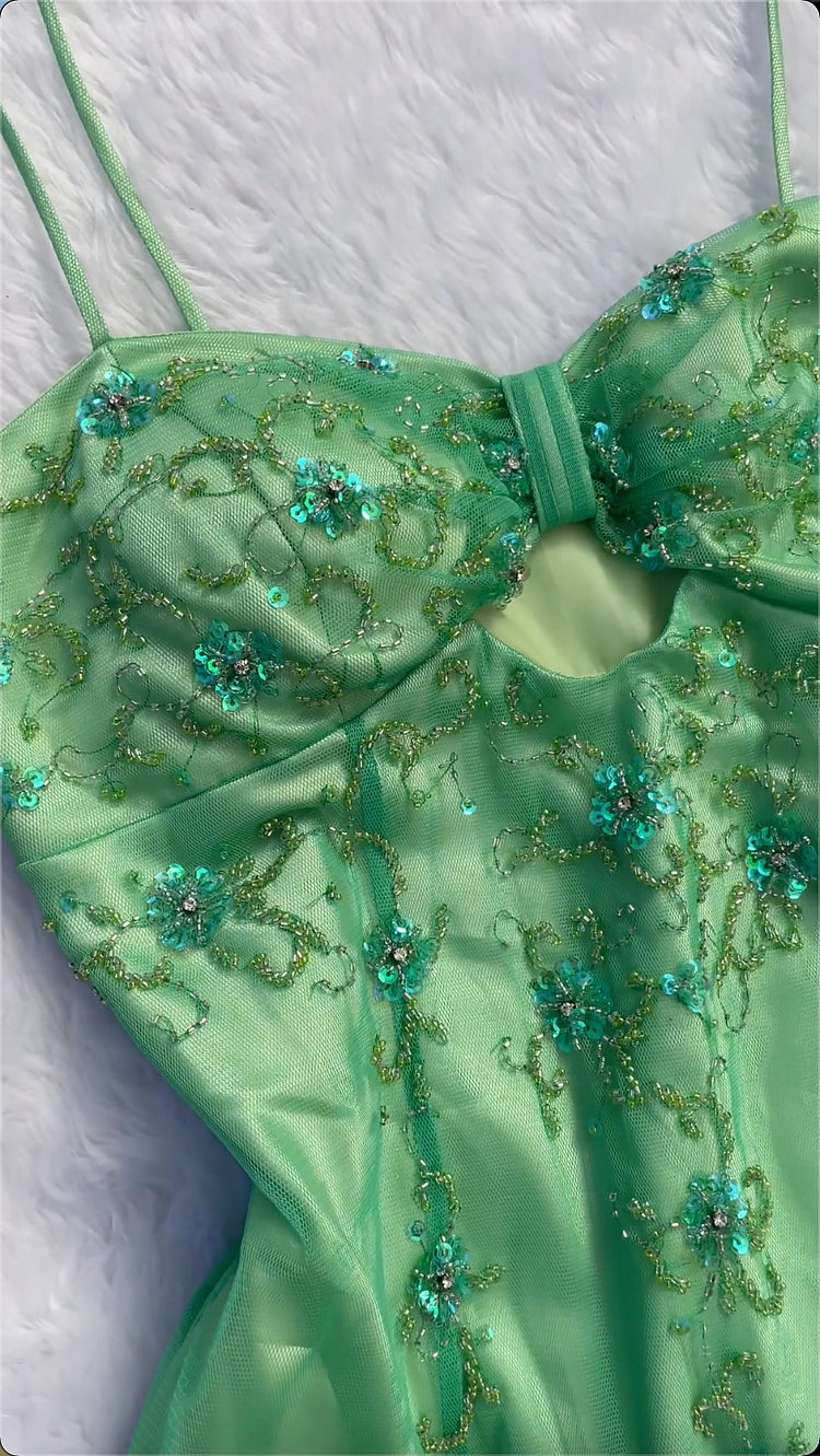 Robe de soirée longue en satin et tulle, élégante et délicate, motif floral, avec perles, style Green Fashion, gh3703