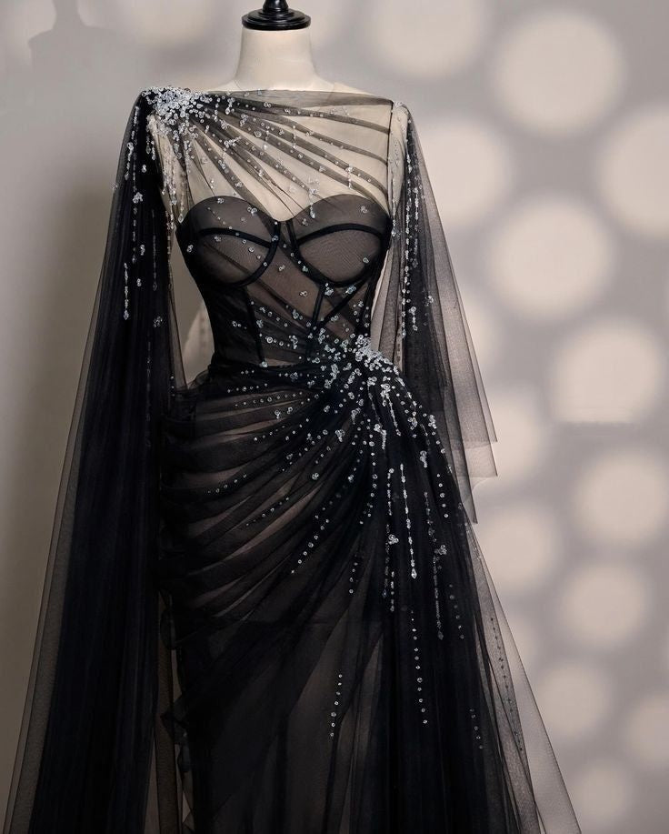 Girlhomeshops - Schwarz/Weinrot/Hellbraun Exquisite Perlenbesetzter Herzausschnitt Langes Tüll-Ballkleid Abendkleid Partykleid gh5386