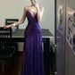 Robe de bal élégante et sexy à fines bretelles et sequins, col en V long, violette, modèle gh6627