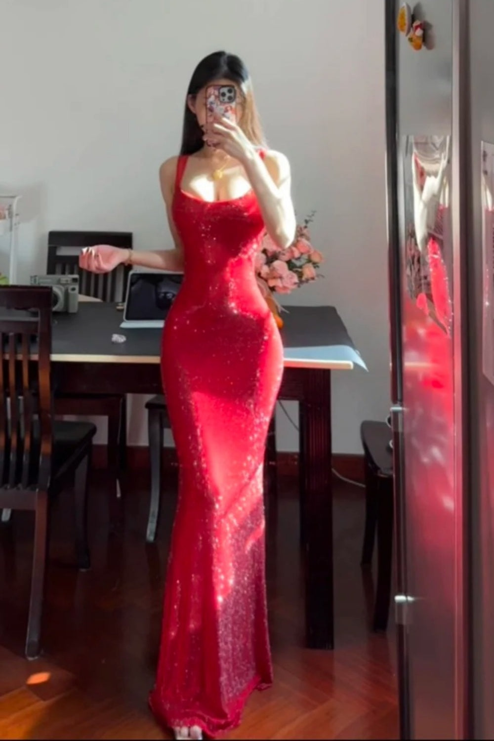 Robe de bal longue et élégante à sequins rouges et violets, robe de cérémonie de remise de diplômes gh6628