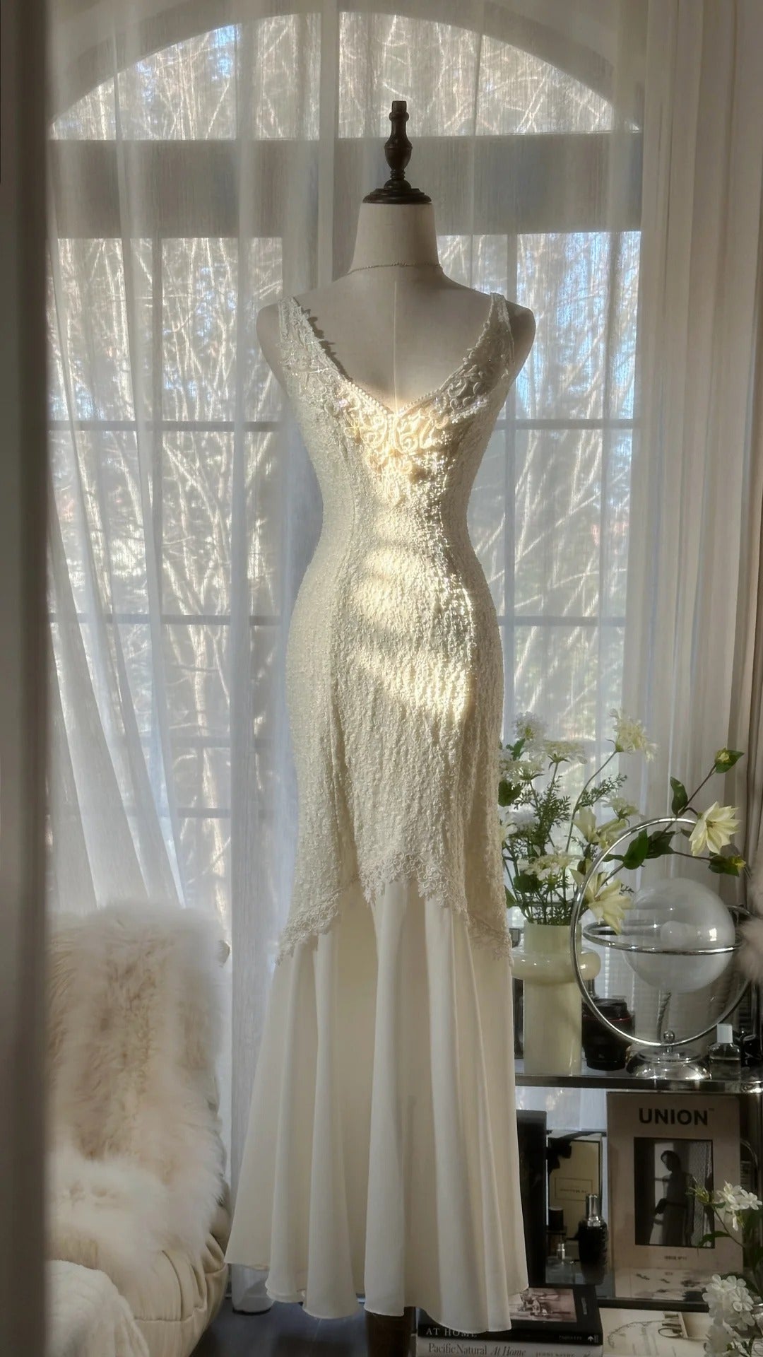 Robe de soirée longue en mousseline de soie, élégante et romantique, en dentelle, blanche ivoire, pour anniversaire, mariage, fête, bal, Saint-Valentin, gh4028