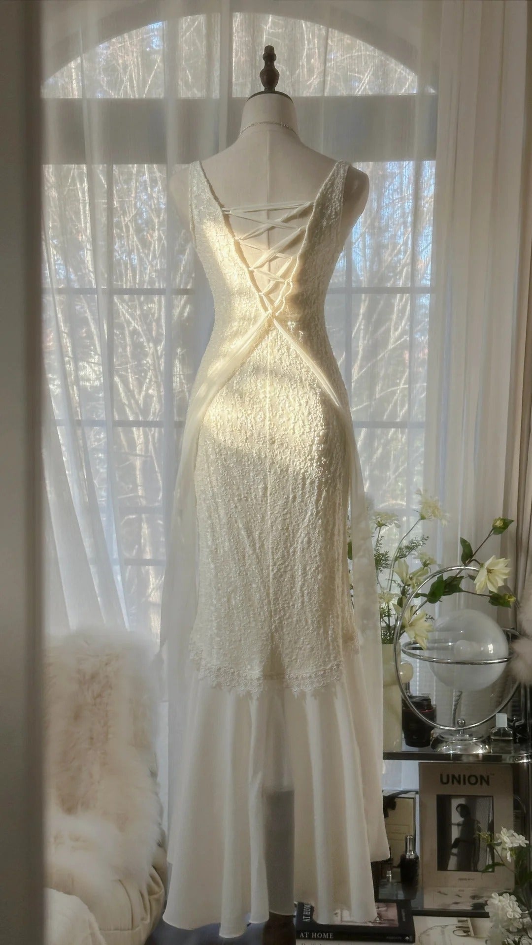 Robe de soirée longue en mousseline de soie, élégante et romantique, en dentelle, blanche ivoire, pour anniversaire, mariage, fête, bal, Saint-Valentin, gh4028