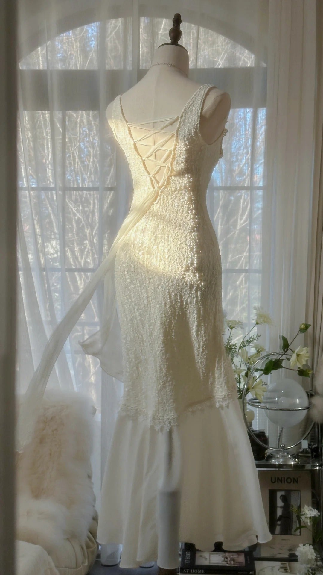 Robe de soirée longue en mousseline de soie, élégante et romantique, en dentelle, blanche ivoire, pour anniversaire, mariage, fête, bal, Saint-Valentin, gh4028