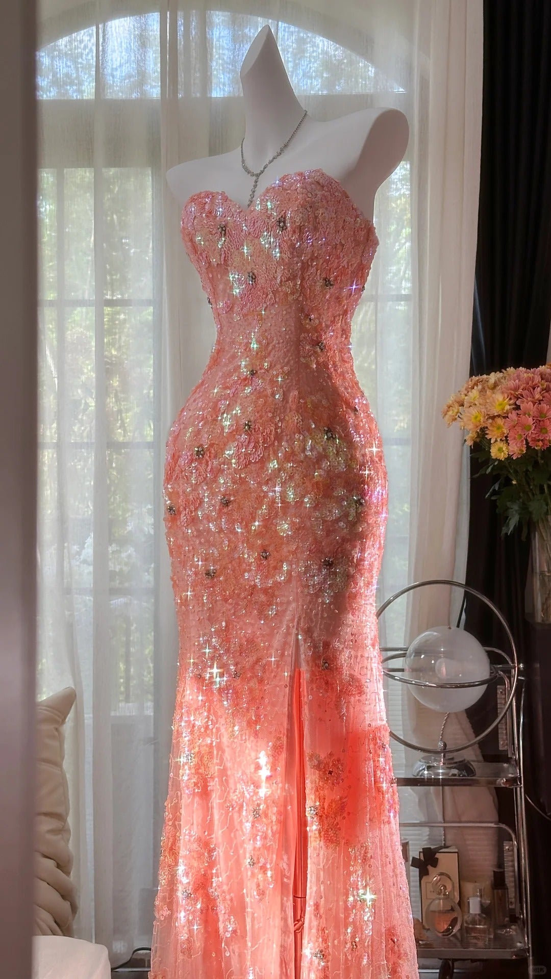 girlhomeshops--Grapefruit-colored vintage luxury exquisite beaded sequin mermaid fishtail long tulle prom dress gh5730