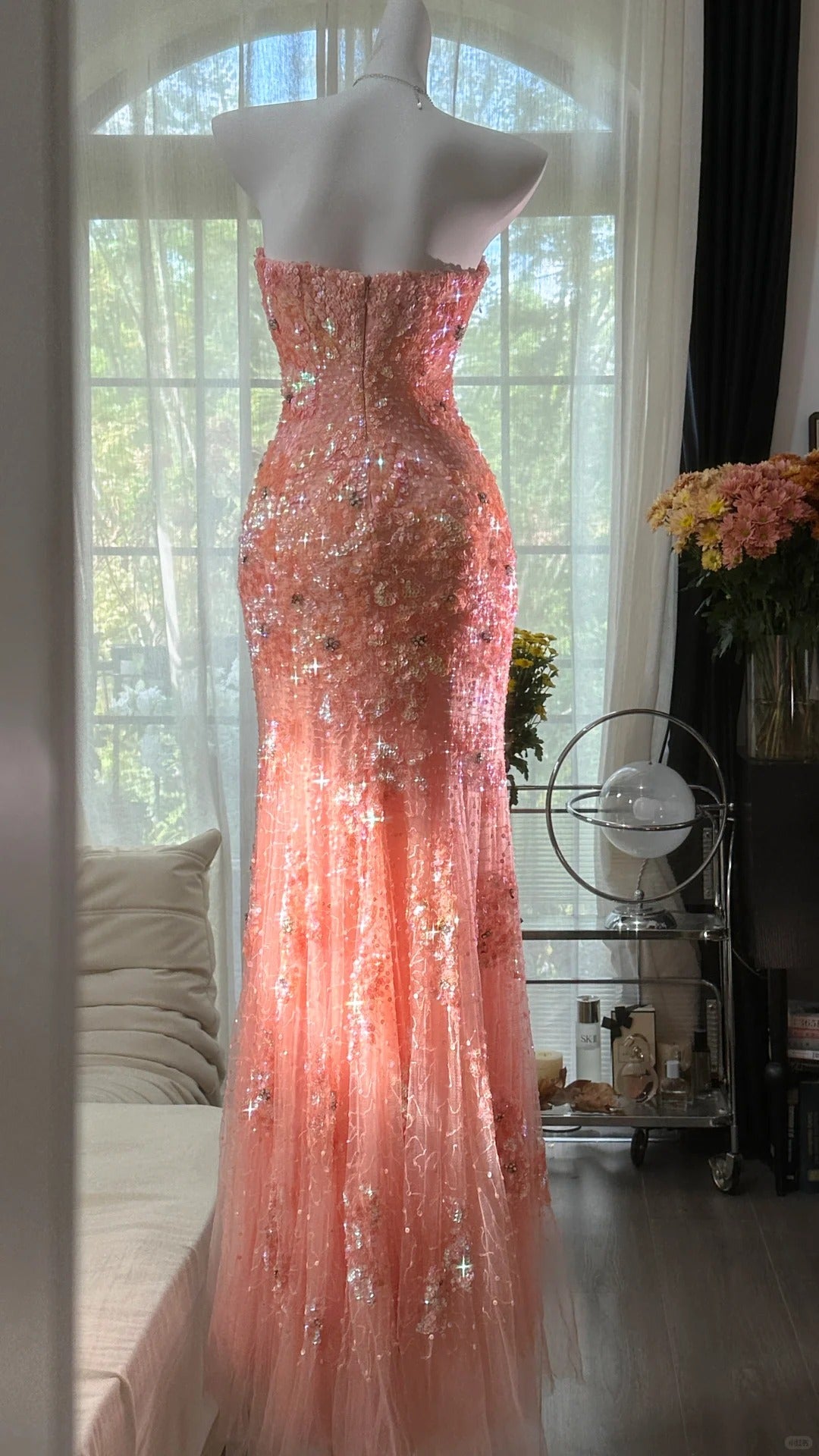 girlhomeshops--Grapefruit-colored vintage luxury exquisite beaded sequin mermaid fishtail long tulle prom dress gh5730