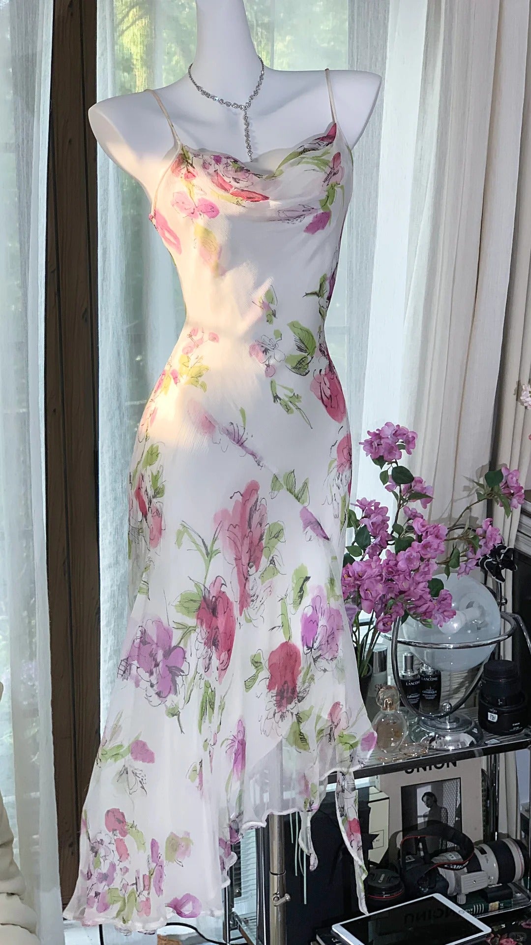 White Pink Floral Ball Gown Long Chiffon Date Dress Evening Dress Birthday Dress Wedding Dress gh4531