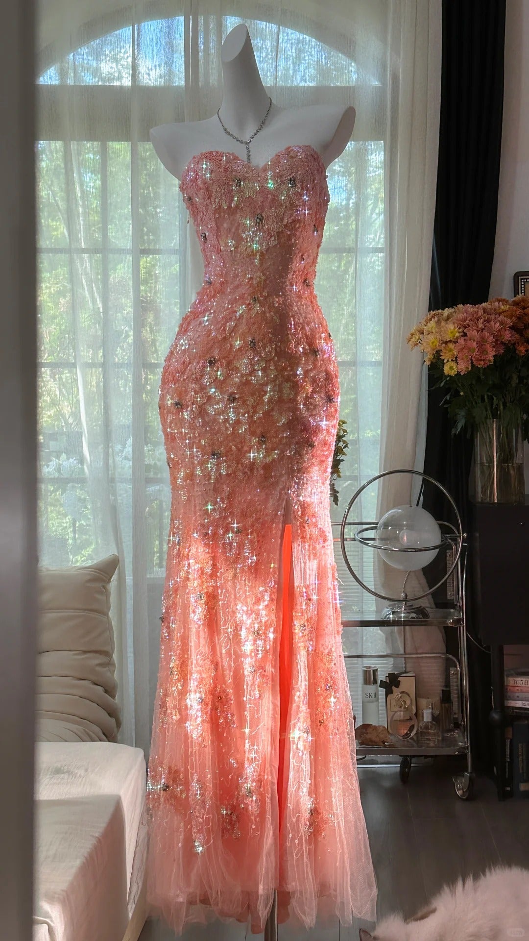 girlhomeshops--Grapefruit-colored vintage luxury exquisite beaded sequin mermaid fishtail long tulle prom dress gh5730