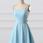 Blue fashion simple bow sleeveless short spaghetti strap A-line short satin mini homecoming dress evening gown gh808