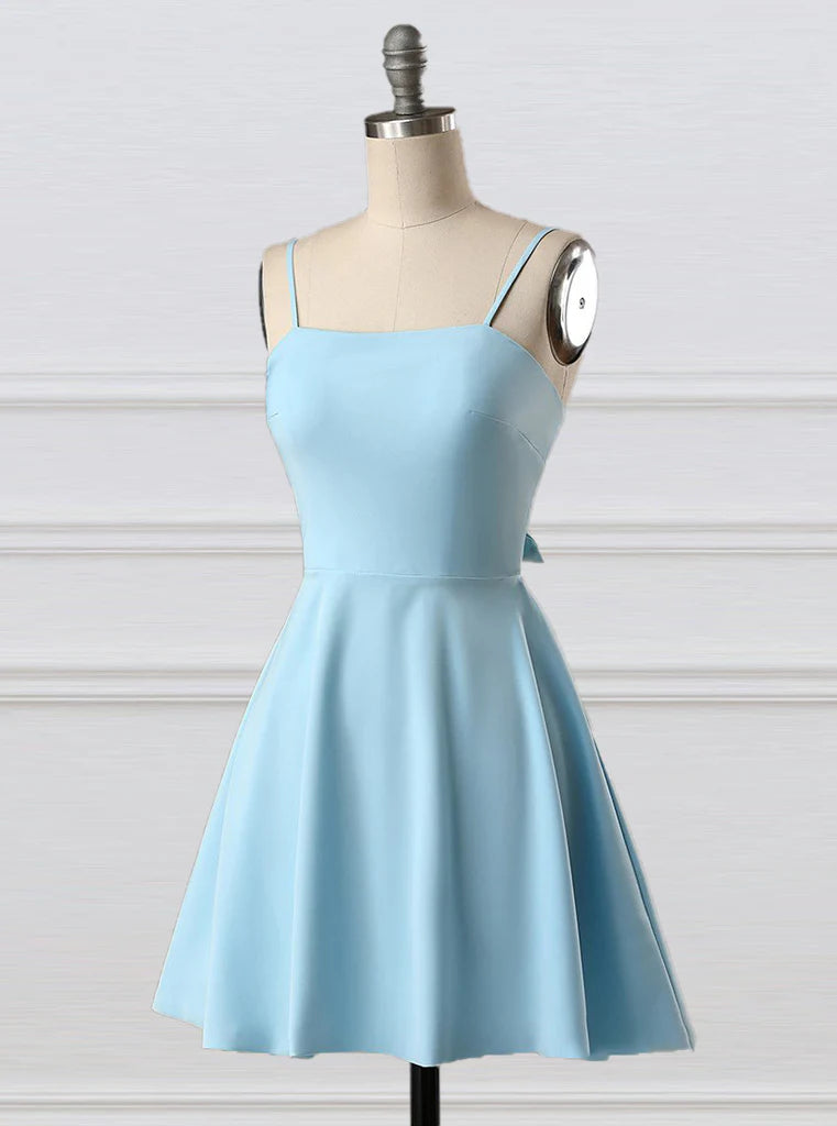 Blue fashion simple bow sleeveless short spaghetti strap A-line short satin mini homecoming dress evening gown gh808