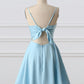Blue fashion simple bow sleeveless short spaghetti strap A-line short satin mini homecoming dress evening gown gh808
