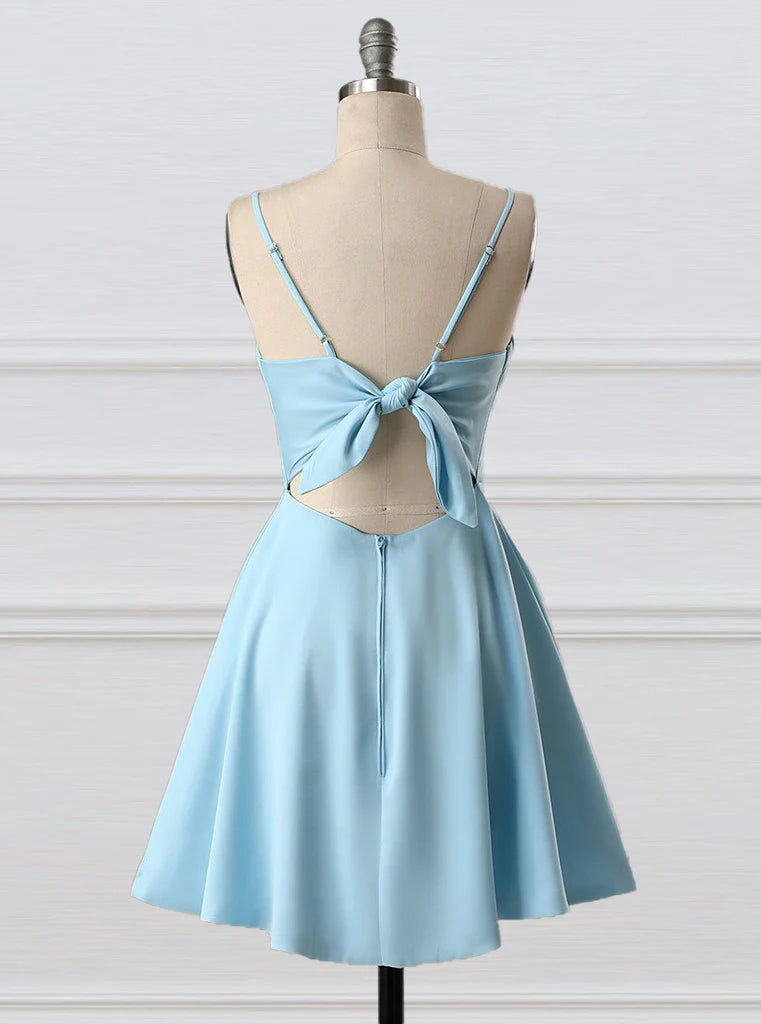 Blue fashion simple bow sleeveless short spaghetti strap A-line short satin mini homecoming dress evening gown gh808