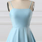 Blue fashion simple bow sleeveless short spaghetti strap A-line short satin mini homecoming dress evening gown gh808