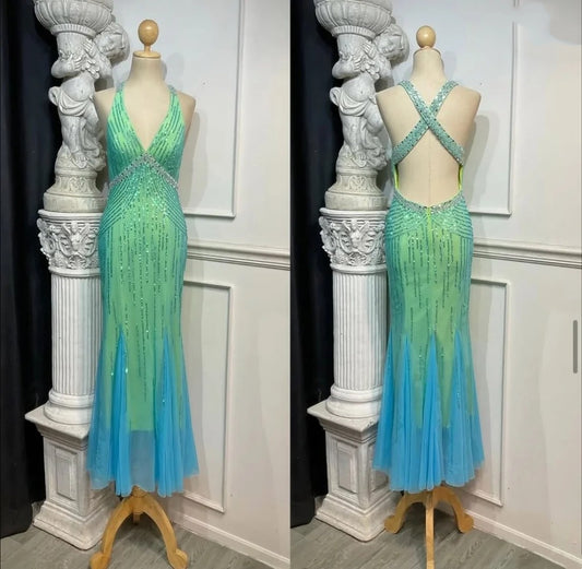Halter Neck Open-Back Teal-Green Ombre Sequin Mermaid Gown | Luxury Elegant Cross-Strap Floor-Length Dress for Gala Ball gh6468
