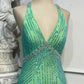 Halter Neck Open-Back Teal-Green Ombre Sequin Mermaid Gown | Luxury Elegant Cross-Strap Floor-Length Dress for Gala Ball gh6468