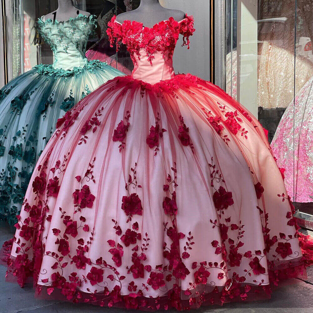 Robe de soirée en tulle rouge magnifique et exquise avec des appliques florales douces et longues gh3345