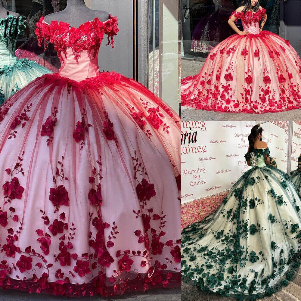 Robe de soirée en tulle rouge magnifique et exquise avec des appliques florales douces et longues gh3345