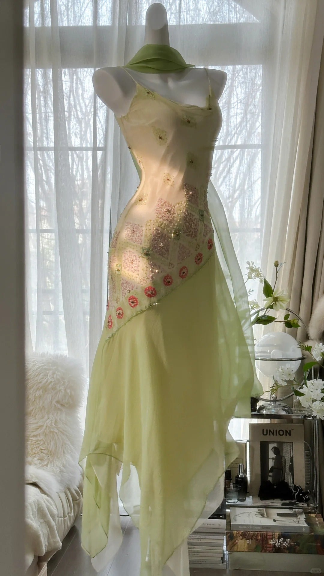 Green Elegant Romantic Delicate Floral Beading Spaghetti Strap Long Chiffon Homecoming Ball Gown Evening Dress Birthday/Wedding Guest/Holiday Party Dress Prom Dress gh4024