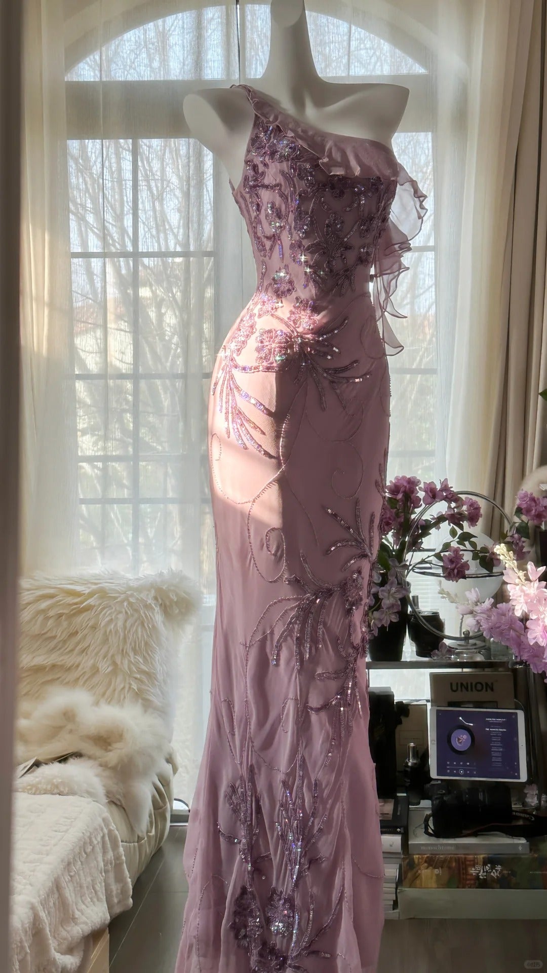 Pink Purple Romantic One Shoulder Fashion Elegant Exquisite Floral Beading Long Chiffon Ball Gown Evening Dress Birthday Holiday Party Dress Prom Dress gh4012