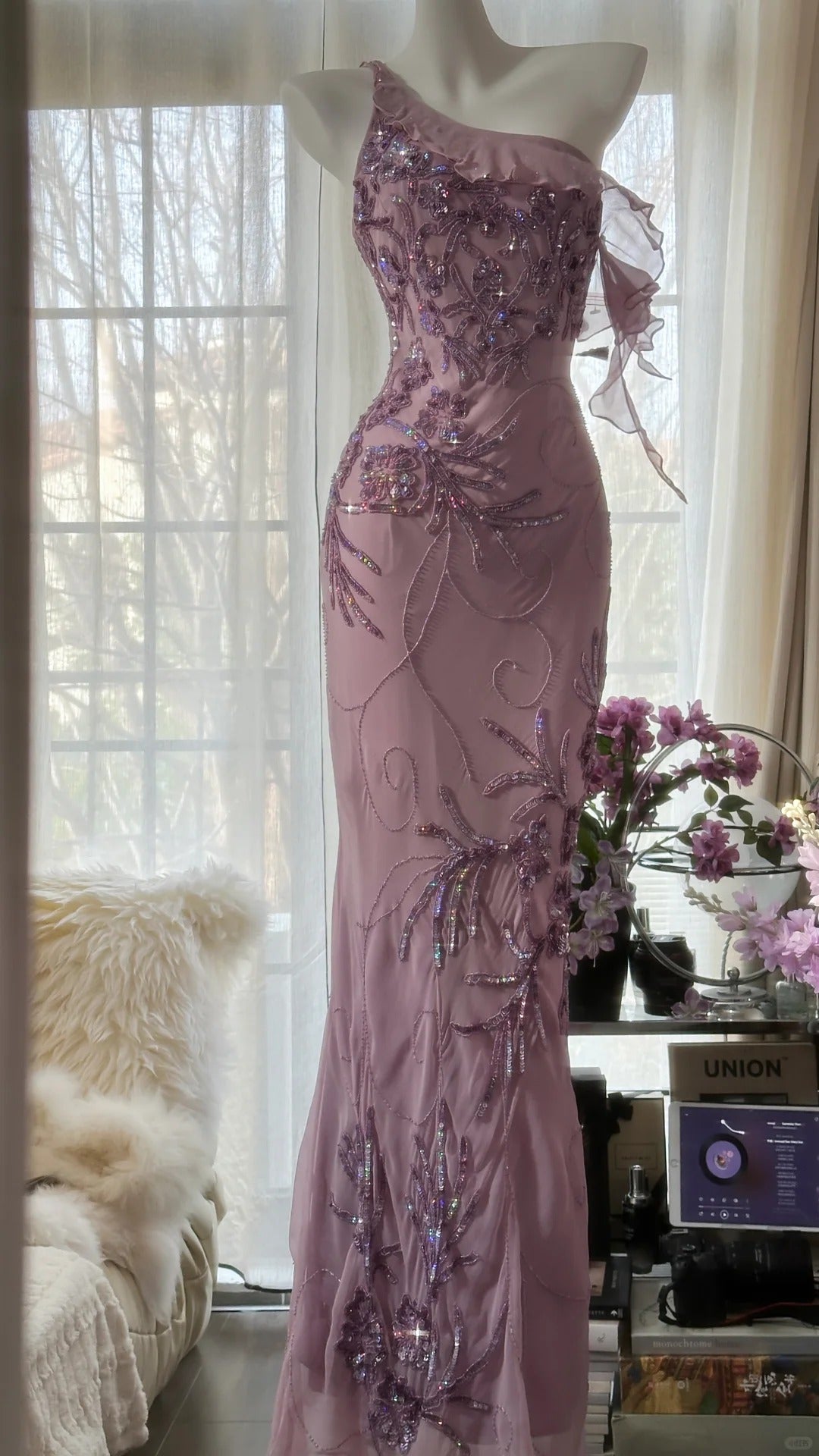Pink Purple Romantic One Shoulder Fashion Elegant Exquisite Floral Beading Long Chiffon Ball Gown Evening Dress Birthday Holiday Party Dress Prom Dress gh4012