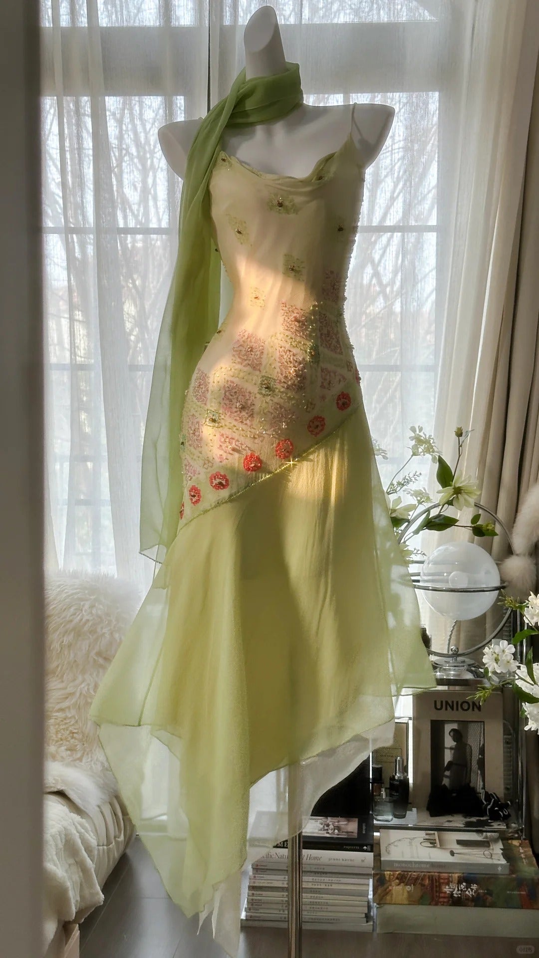 Green Elegant Romantic Delicate Floral Beading Spaghetti Strap Long Chiffon Homecoming Ball Gown Evening Dress Birthday/Wedding Guest/Holiday Party Dress Prom Dress gh4024
