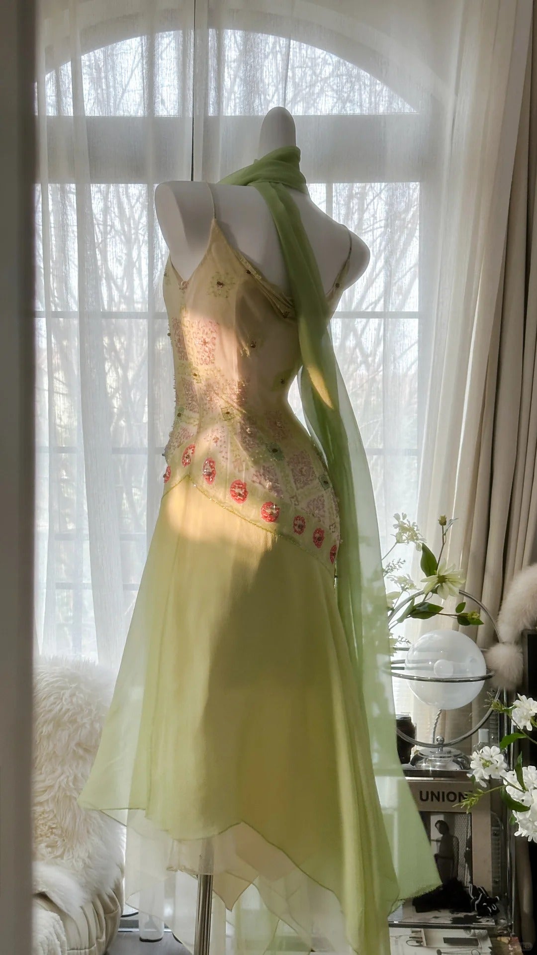 Green Elegant Romantic Delicate Floral Beading Spaghetti Strap Long Chiffon Homecoming Ball Gown Evening Dress Birthday/Wedding Guest/Holiday Party Dress Prom Dress gh4024